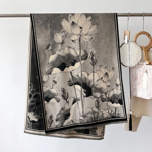 Elegant lotus flower shawl with fringe, vintage ink painting style winter scarf