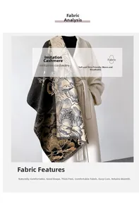 Close-up of imitation cashmere scarf with vintage peony print and thick soft texture