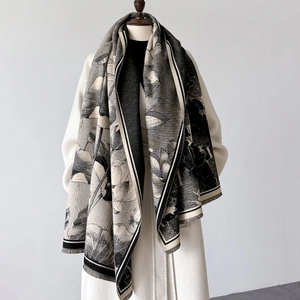 Lotus Flower Print Shawl Scarf Imitation Cashmere Warm Tassel Large Elegant Vintage Chinese Style For Women