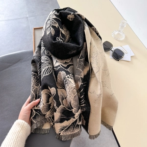 Elegant vintage floral print winter shawl for women in black and beige with tassels