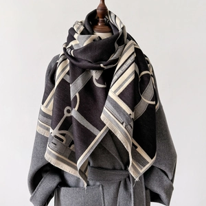 Châle pashmina épais à motifs géométriques style équestre avec franges