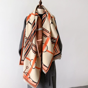 Écharpe Châle D'Hiver Pour Femmes Imitation Cachemire Épais Chaud Double Face Motif Équestre Franges Pashmina