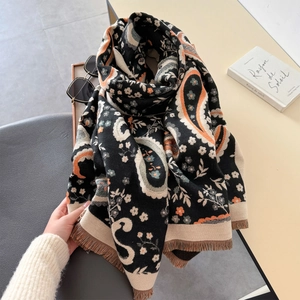 Elegant black paisley and floral warm winter scarf with brown fringe tassels detail
