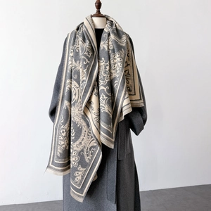 Elegant retro floral print long shawl scarf with tassels for winter in dark gray
