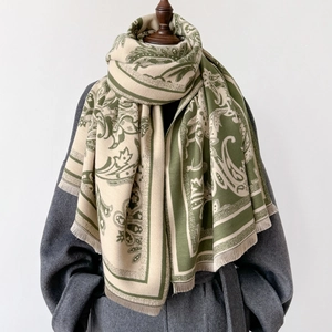 Elegant paisley floral print shawl scarf with tassels on grey coat for autumn winter style
