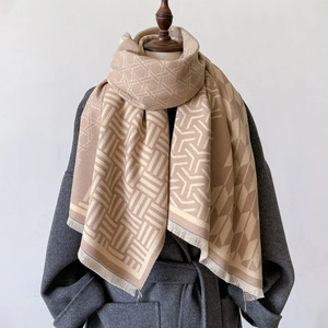 Classic beige plaid scarf with geometric textures and fringe tassels for women in winter