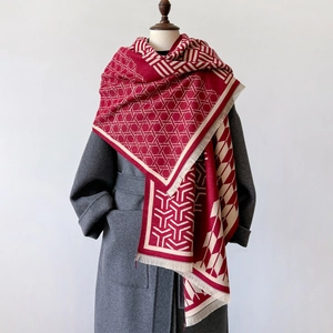 Faux Cashmere Geometric Jacquard Winter Scarf Double Sided Thick Warm Shawl Wrap For Women Fashion Tassel Neck Warmer