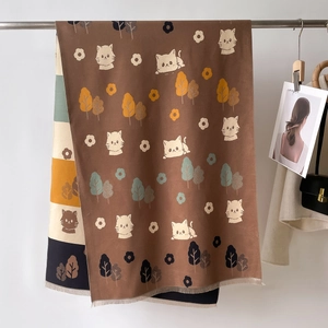 Brown cat patterned cashmere feel scarf with tassels and colorful tree prints