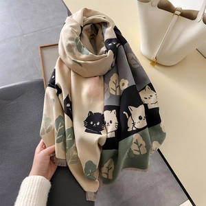 Winter scarf with cat and leaf pattern, cashmere feel knit wrap with tassels