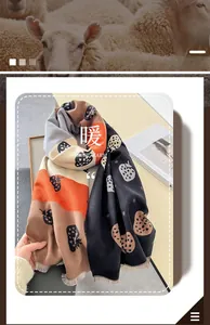 Close-up of knit winter scarf featuring colorful patchwork design and strawberry pattern