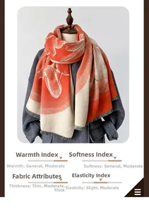 Classic floral cashmere-feel scarf with orange accents and tassel detail shown on a coat