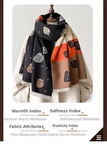 Detail of color-block knitted scarf with cute strawberry patterns and soft fringe trim