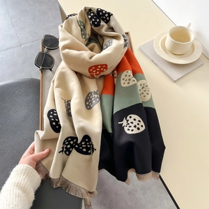 Chic color-blocked knit scarf with strawberry patterns and tassels for winter