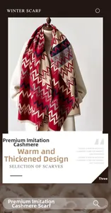 Close-up of thick winter scarf with classic zigzag pattern in red, beige and blue