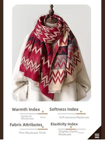 Detail of striped cashmere-like scarf with zigzag patterns and fine fringe textures