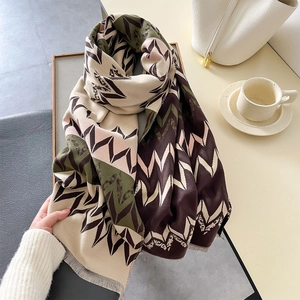 Women's vintage geometric pattern cashmere feel scarf with soft fringe edges