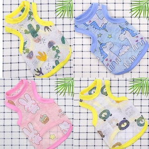 Close-up of four breathable mesh pet vests with cactus, unicorn, bunny, and bear prints