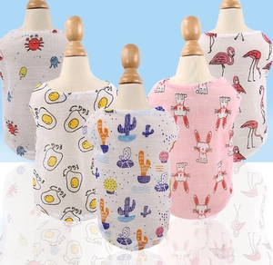Detailed view of five breathable summer pet vests with various cute cartoon prints