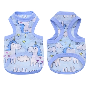 Macro shot of light blue mesh pet vest featuring unicorn print and dark blue trim