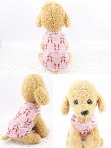 Multiple views of a pink summer pet vest with rabbit patterns for small dogs