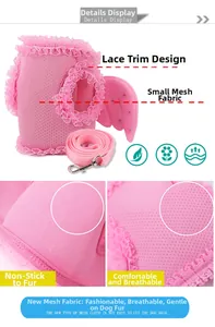 Detail showing pink mesh dog harness with lace trim, angel wings and matching leash set