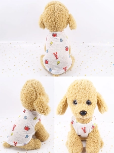 Three-way view of a breathable summer pet vest with cartoon crab and lobster patterns