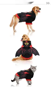 Detail showing pet bat costume with black wings and cartoon hood on dog and cat
