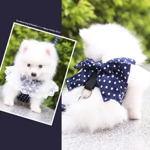 Dettaglio della pettorina blu a pois con fiocco e pizzo per cani di piccola taglia