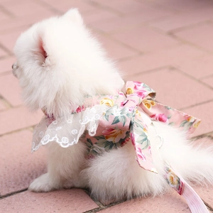Dettaglio dell'imbracatura floreale con colletto in pizzo e fiocco rosa per cani e gatti