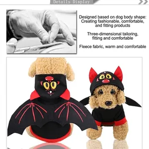 Fleece pet hoodie with red devil horns and bat wings for small dogs and cats
