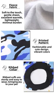 Detail of blue camouflage pet hoodie with white fleece lining and black ribbed cuffs