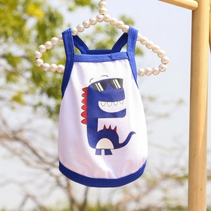 Close-up of breathable white mesh pet vest with a blue cartoon dinosaur on a pearl hanger