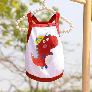 Close-up of white breathable mesh dog vest with red dinosaur print on pearl hanger