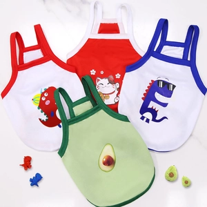 Flat lay of four breathable mesh pet vests with dinosaur, cat, and avocado patterns