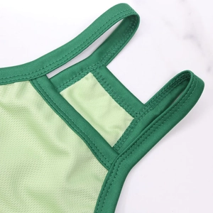 Close-up of breathable light green mesh pet vest with durable dark green stitched edging