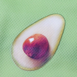 Close-up of breathable mesh pet vest featuring realistic avocado pattern prints