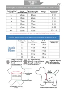 Detailed pet clothing size chart with chest and back length measurements for dogs and cats