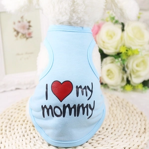 Close-up of light blue pet vest with 'I my mommy' print on soft knitted cotton fabric