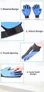 Detail view of pet grooming glove with blue silicone bristles and adjustable strap