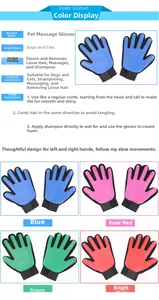 Detail view of pet grooming gloves in four colors for massaging and de-shedding dogs and cats