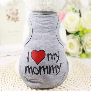 Grey pet vest with I Love My Mommy print for small dogs and cats in soft cotton