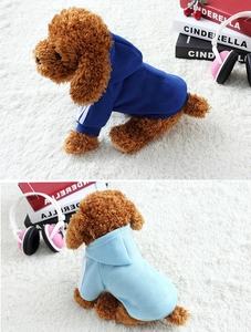 Detail view of pet hoodies with three stripe sleeves and hood in blue colors