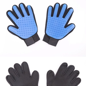 Dual-sided pet grooming gloves with blue silicone nodes and black breathable mesh
