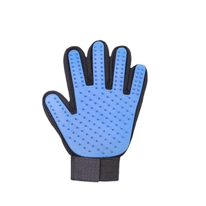 Blue and black silicone pet grooming glove with soft bristles for cat and dog massage