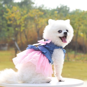 Denim pet princess dress with pink mesh tutu and satin bow for small dogs and cats
