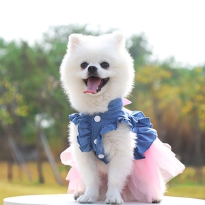 Detail of pink mesh pet tutu dress with blue denim bodice and ruffle trim on a white dog