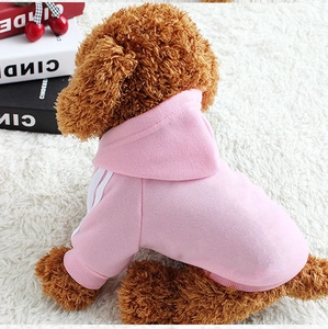 Pink sporty hooded pet sweatshirt with white stripes on a brown teddy dog model