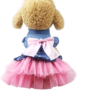 Denim pet dress with pink ruffled mesh tutu skirt and large bow for small dogs and cats