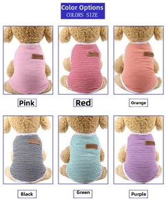 Detailed grid showing six striped pet vests in pink, red, orange, black, green and purple