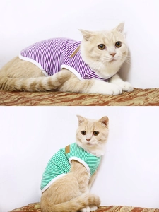Detail view of purple and green striped cotton pet vests for cats and small dogs